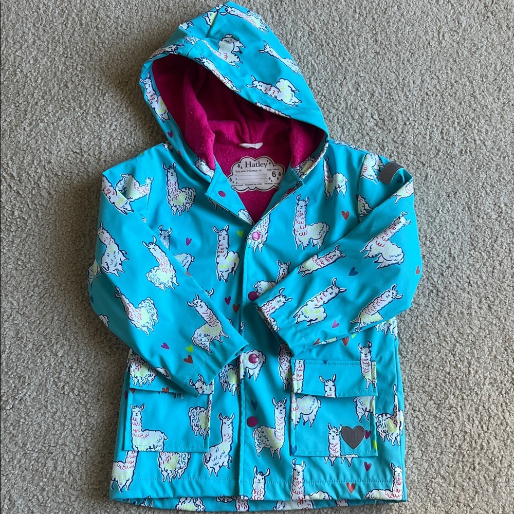 Hatley Turquoise Llama Print Raincoat VGUC Barely Worn